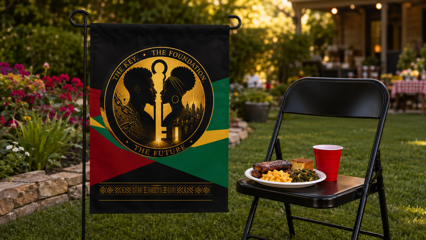 Garden flag beside a folding chair at a family cookout