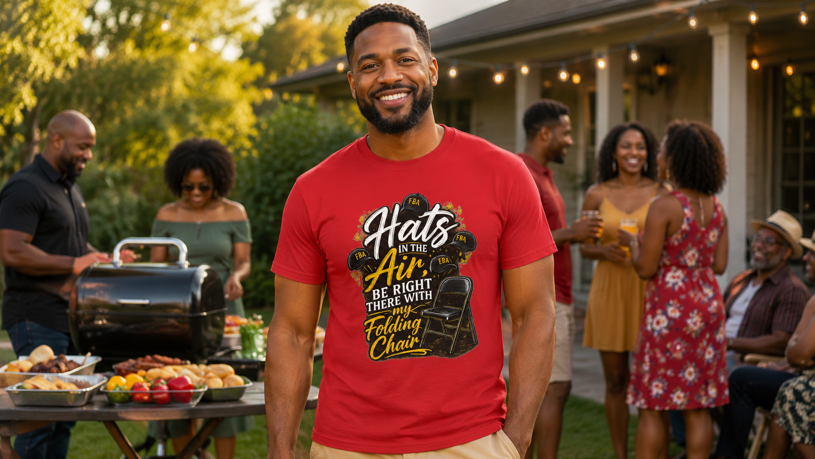 Black model wearing the Hats in the Air tee at a cookout