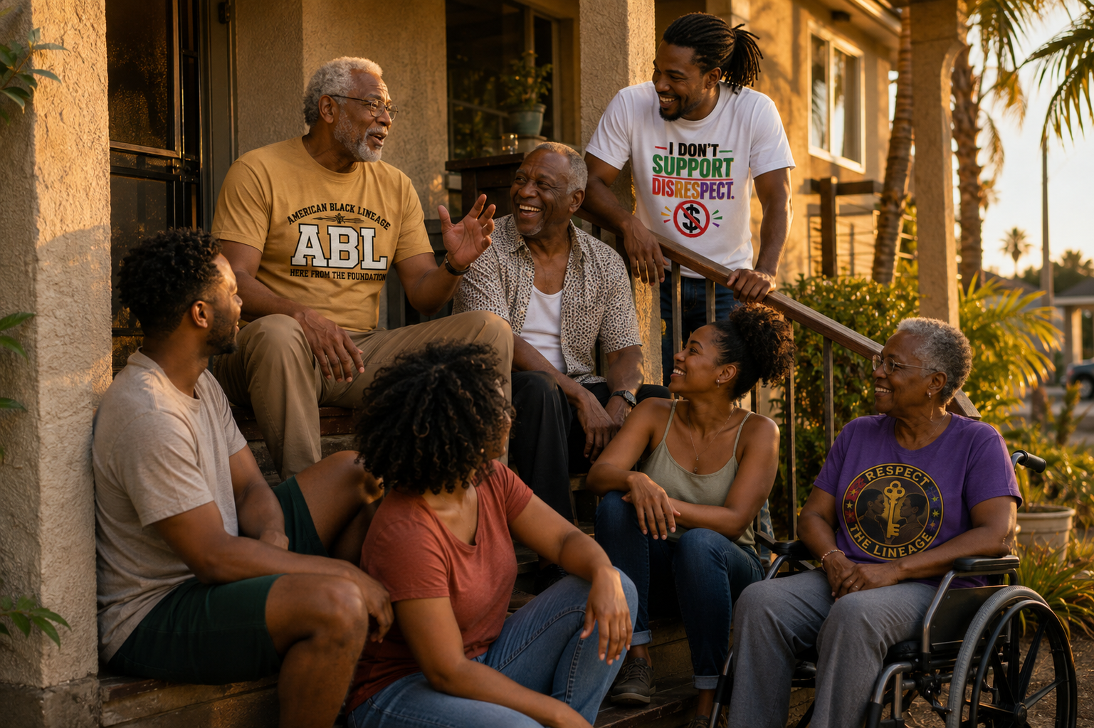 Family elders and younger generations relaxing together on a porch