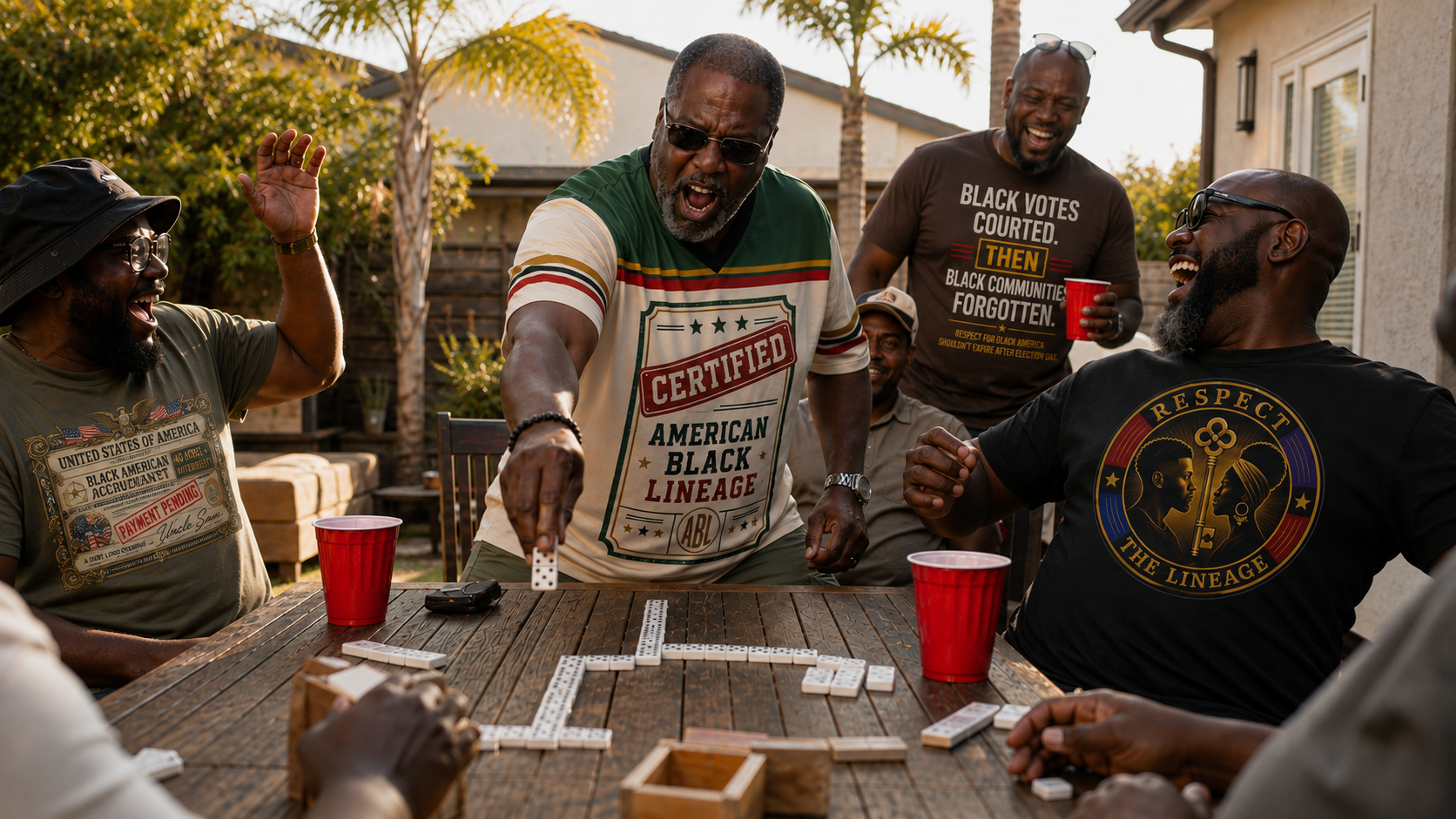 Friends playing dominoes together at a cookout