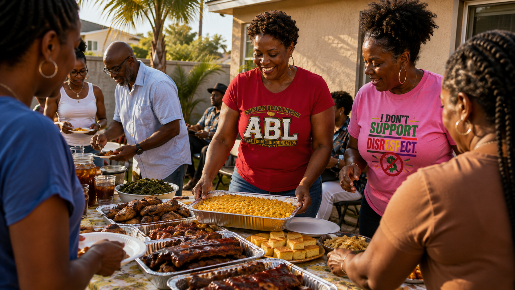 Family and friends gathering around a cookout food table