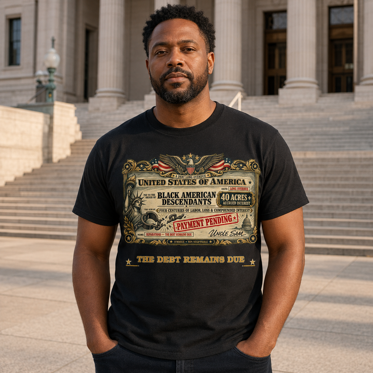 The Debt Remains Due | Black American Descendants Reparations Tee - Image 2