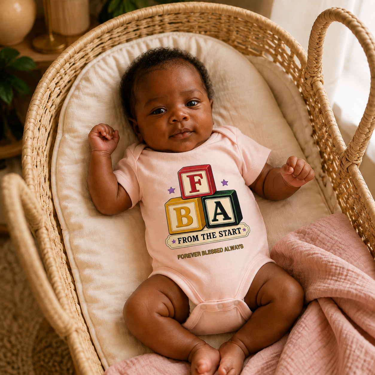 Baby wearing lineage apparel in a bassinet