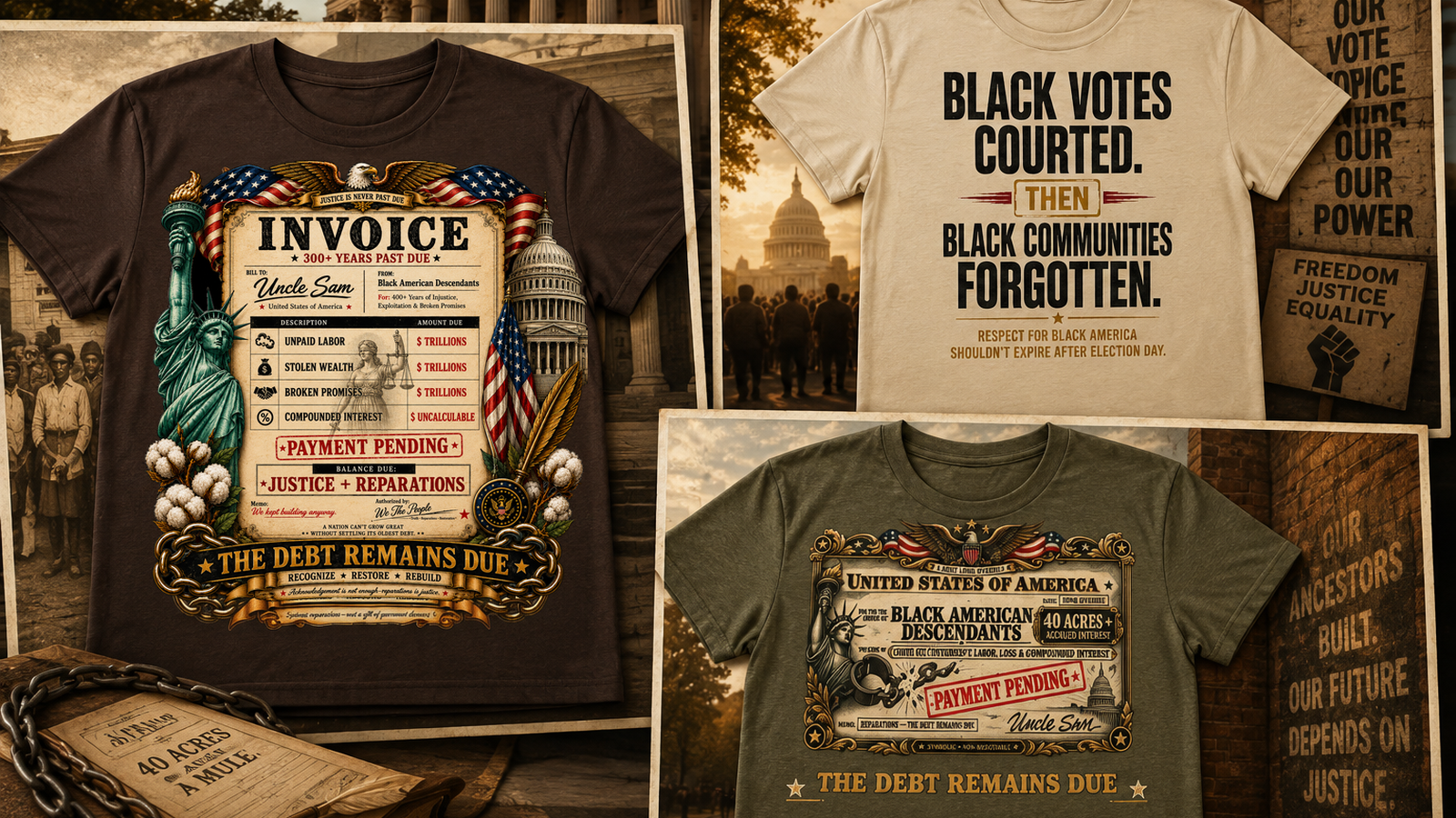 Collection of Reparations and Black American apparel designs